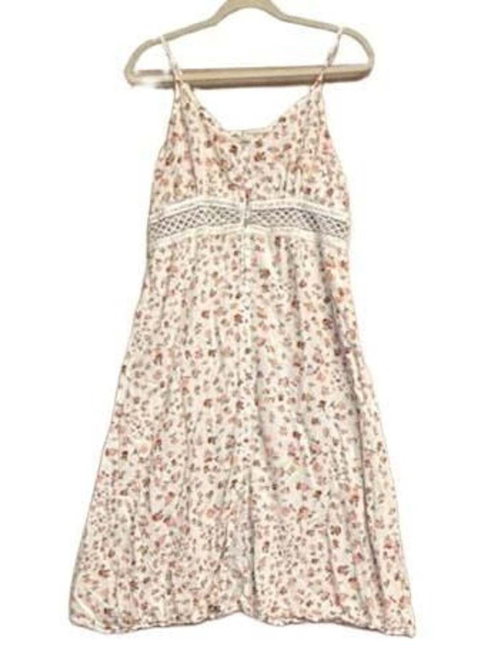 Cottagecore No Comment Floral Midi Dress Size XS White Rose Print Lace Trim